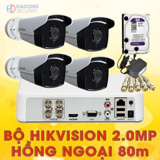 Trọn bộ 4 camera Siêu hồng ngoại Hikvision DS-2CE17D0T-IT5 2MP, hồng ngoại 80m, đầy đủ phụ kiện