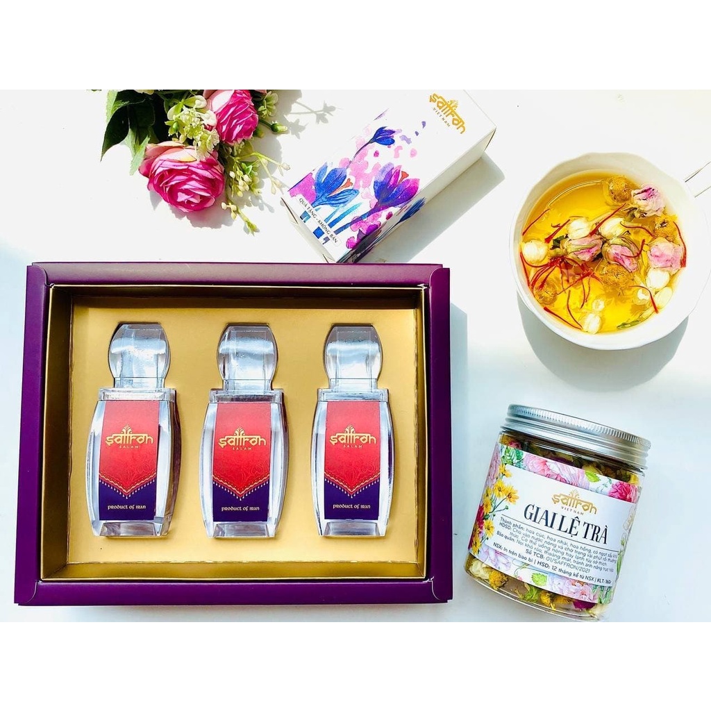 Set quà Nhụy Hoa Nghệ Tây Saffron SALAM 3Gr tặng Salam 1gr và Giai Lệ trà
