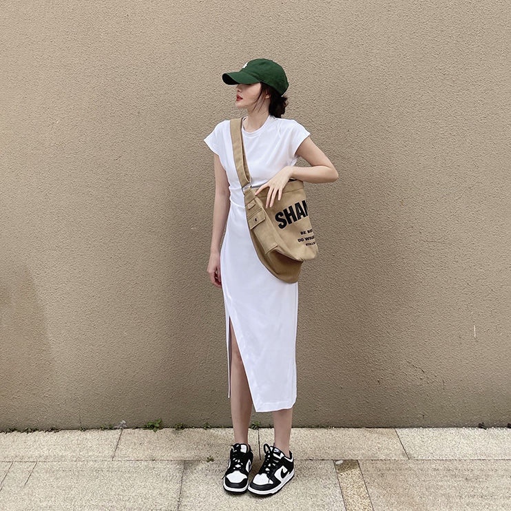 Đầm Thun Trắng Dài Xẻ Tà Nhấn Eo Thời Trang Cho Nữ