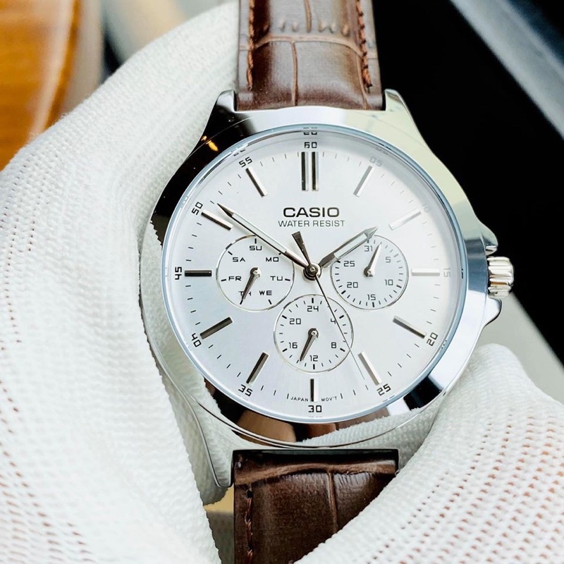 Đồng hồ Nam Casio MTP-V300L-7A &amp; MTP-V300L-7A2, đồng hồ chính hãng, dây da nâu chạy 6 kim