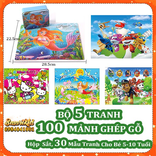 [Mã TOYJULY hoàn 20K xu đơn 50K] Bộ 5 Tranh Xếp Hình 100 Mảnh Gỗ Hộp Sắt Cho Bé 4-10 Tuổi