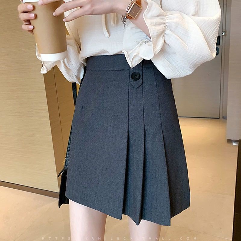 2021 mới nửa chiều dài váy nữ mùa hè một dòng eo cao là phiên bản Hàn Quốc mỏng trong váy xếp ly phong cách Hồng Kông bất thường
