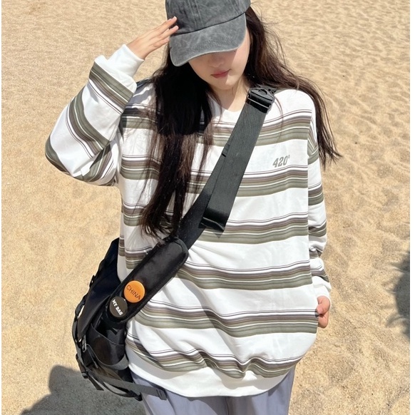 ZHELIHANGFEI Áo Thun Tay Dài Họa Tiết Sọc Theo Phong Cách Retro Mỹ
