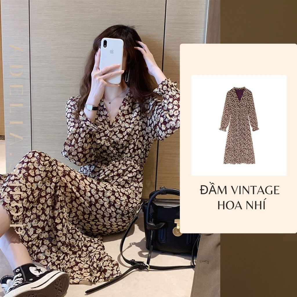 Váy hoa nhí vintage cổ V dài tay, Đầm vintage dáng dài tay bồng tiểu thư, Đầm ulzzang nhẹ nhàng mùa hè 2021