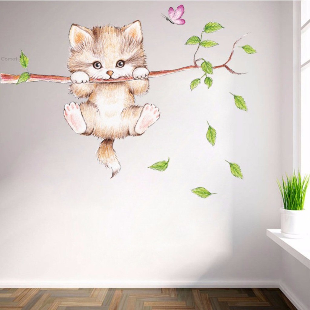 Sticker dán tường họa tiết hình con mèo và con bướm dùng trang trí phòng cho trẻ nhỏ