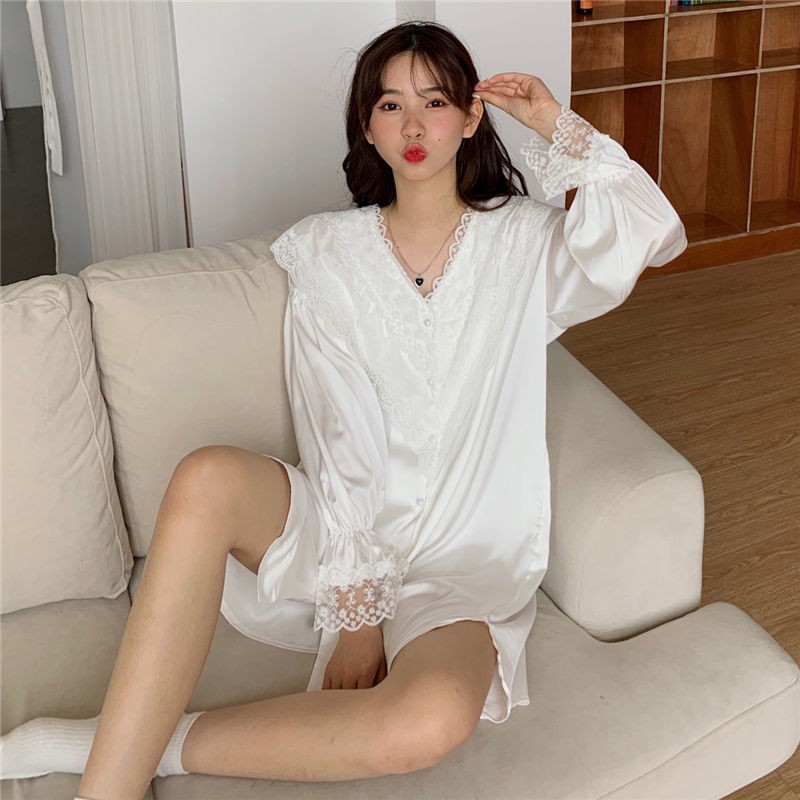 đồ ngủ Tay Dài Vải Lụa Phối Ren Màu Trắng Phong Cách Nhật Bản Quyến Rũ Cho Nữ | BigBuy360 - bigbuy360.vn