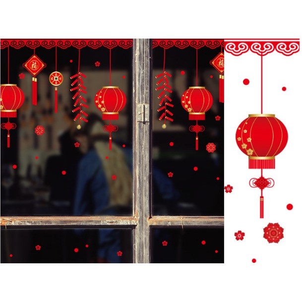 Decal trang trí tết - Lồng đèn và pháo nổ tưng bừng ( KÈM VIDEO THẬT )