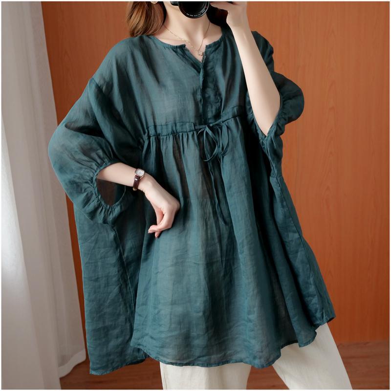 Áo Sơ Mi Cotton Lanh Mỏng Dáng Rộng Cổ Chữ V Phối Dây Rút Thời Trang Mùa Hè Cho Nữ