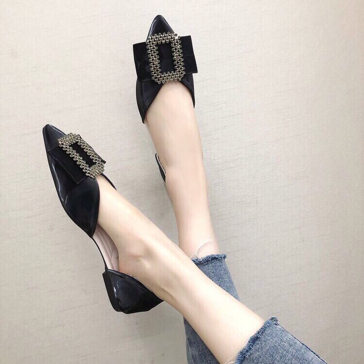 Giày búp bê nữ thời trang, sục nữ mang êm chân da bóng mũi nhọn chuẩn size từ 35-40 gót cao 2p màu vàng