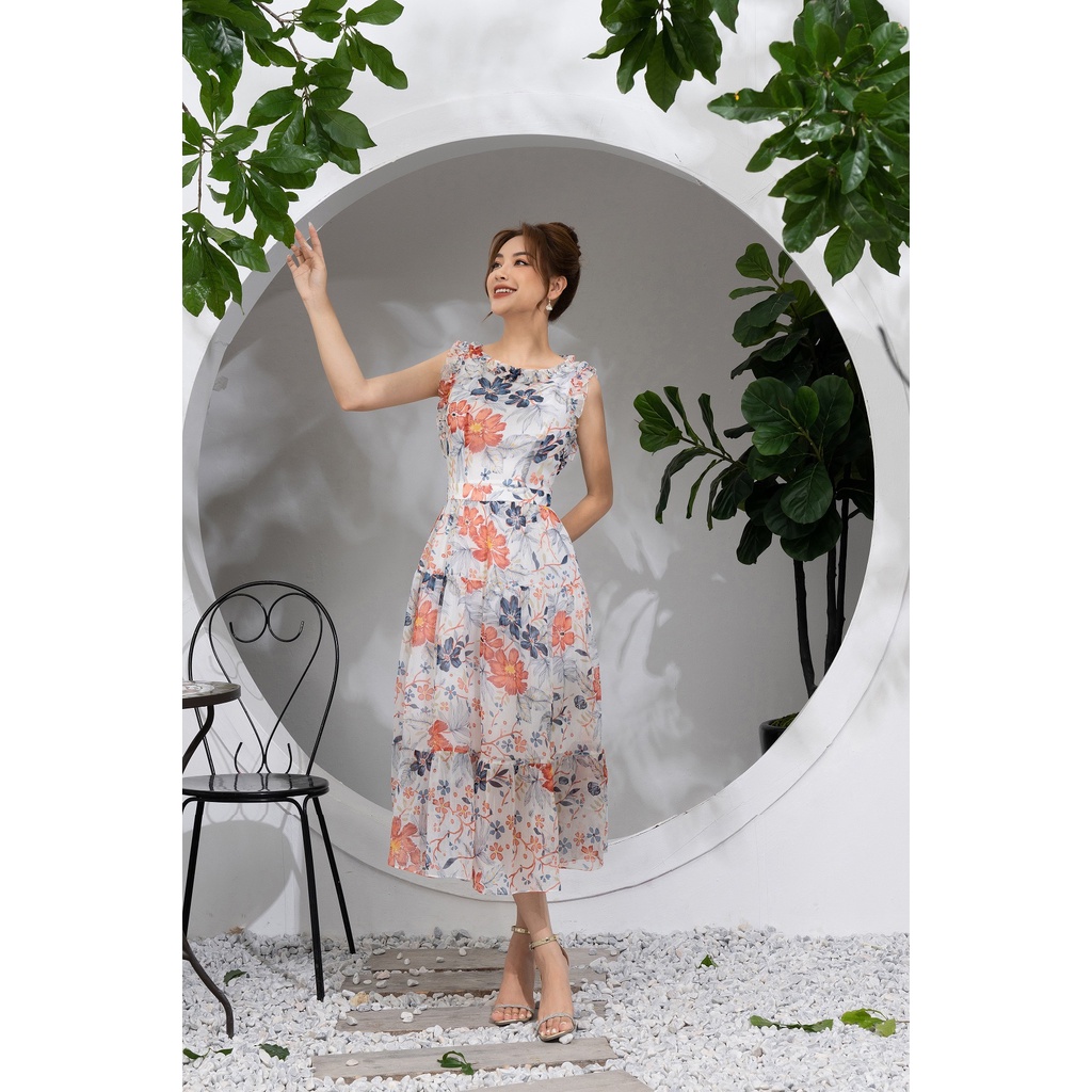 LALULILL - Đầm sát nách chân nhún 3 tầng voan trắng hoa cam LDL2266401