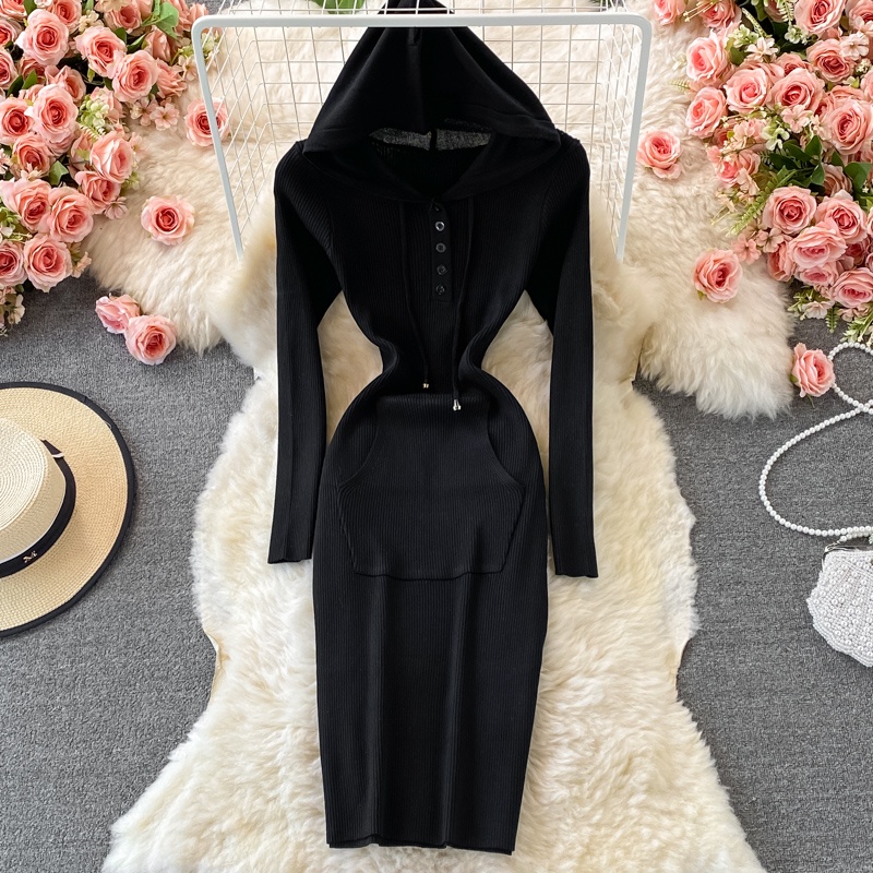 Đầm len có mũ, váy len dệt kim dáng ôm Đ895