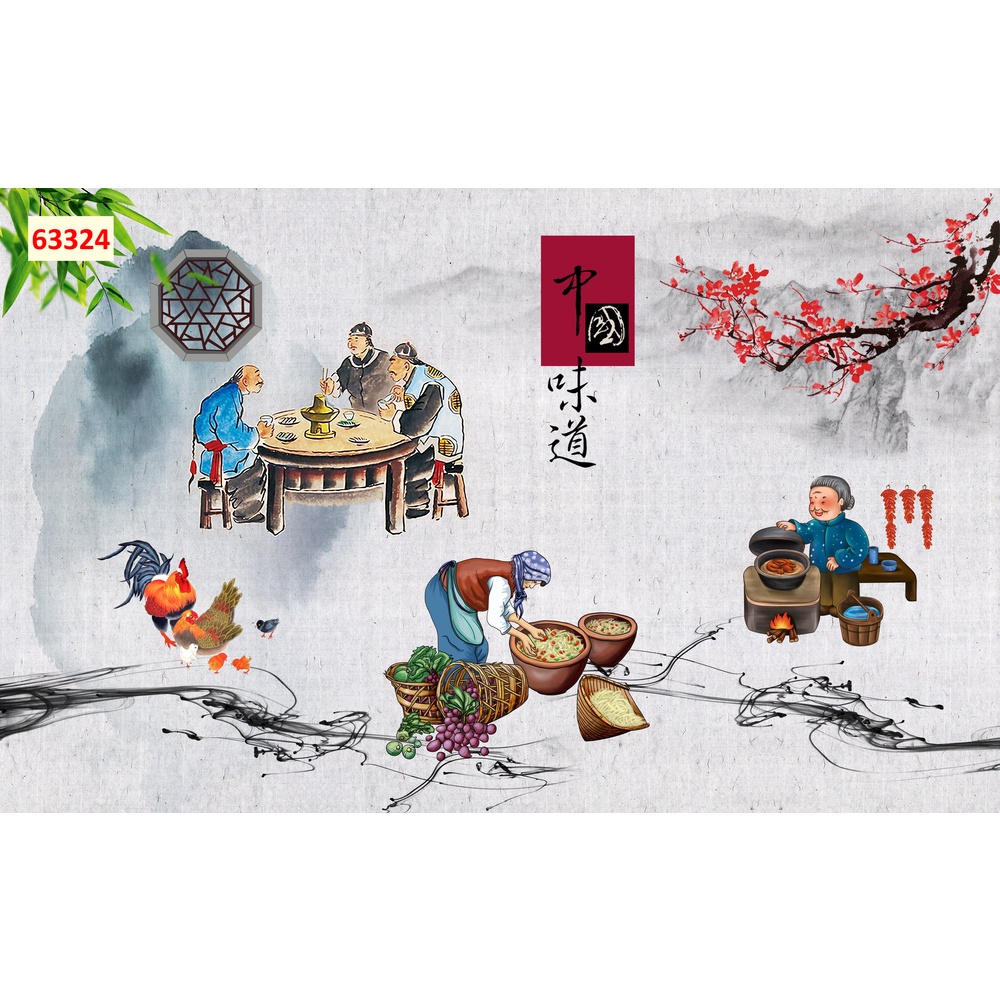 Tranh dán tường nhà hàng lẩu nướng 3D khổ lớn in theo kích thước yêu cầu – Không giới hạn kích thước