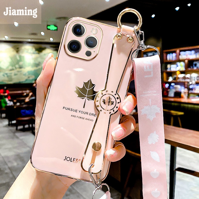 Ốp Điện Thoại Mạ Điện Họa Tiết Lá Phong Sang Trọng Kèm Giá Đỡ Và Dây Đeo Cho iPhone 11 12 13 Pro Max