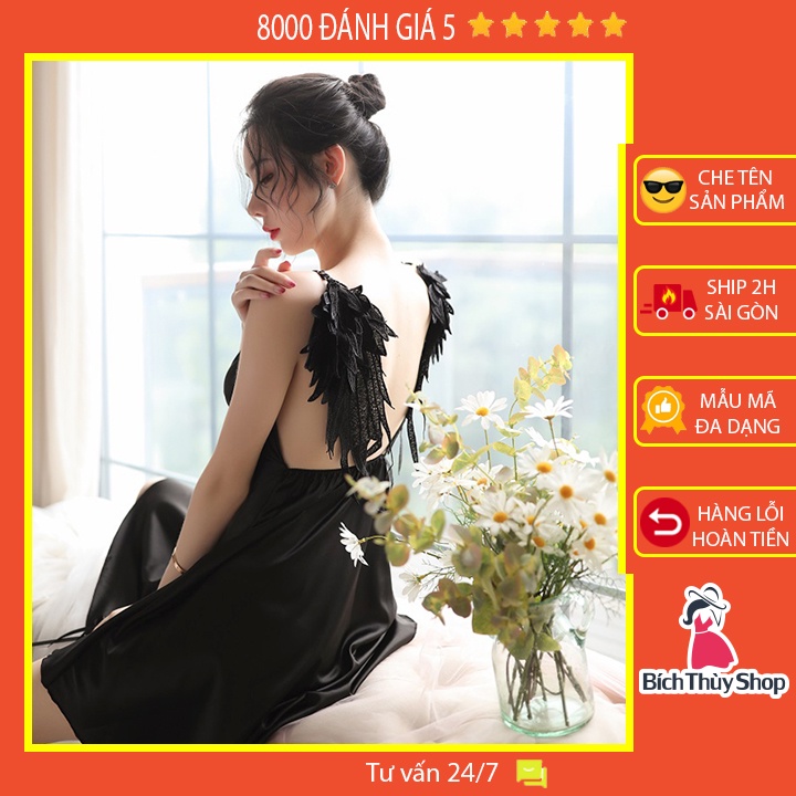Váy ngủ sexy hai dây lụa satin cao cấp kiểu đầm ngủ đôi cánh gợi cảm siêu hot với màu đen huyền bí