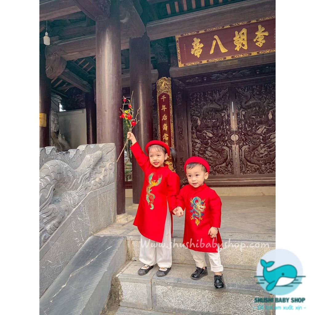 Áo Dài Tết Bé Gái Thêu Tay Hoạ Tiết Chim Phụng Sắc Xảo Shushibaby