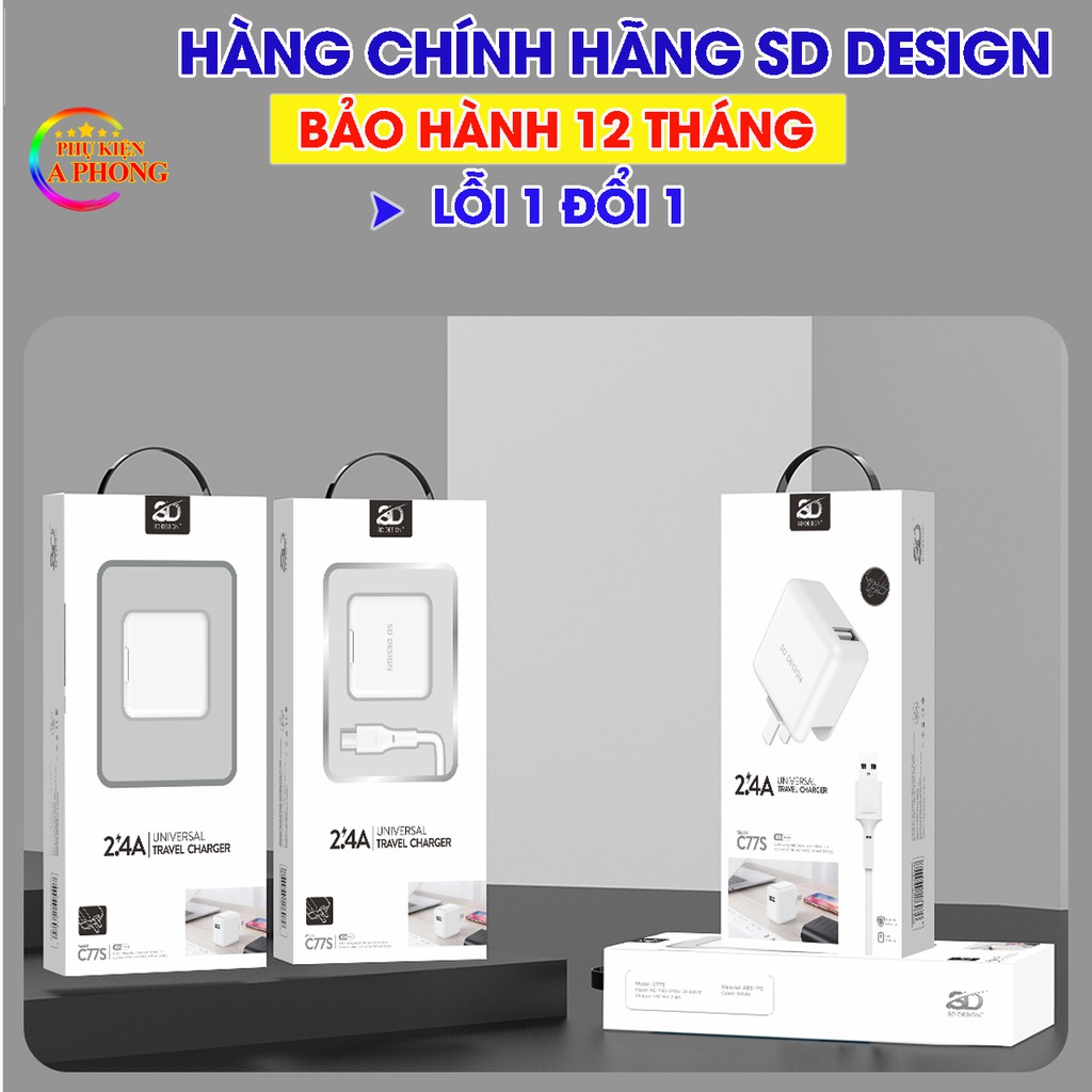 CỦ SẠC NHANH CHÂN GẬP C77s - 2,4A sạc nhanh, tự ngắt không hại máy - Hàng chính hãng SD Design. Bảo hành 12 tháng