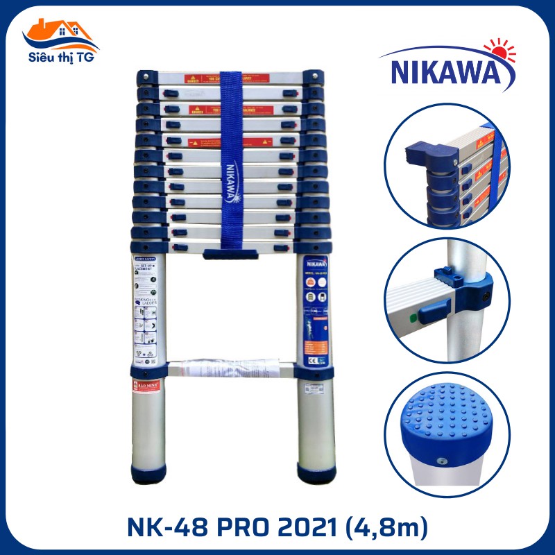 [LOẠI XỊN] Thang nhôm rút xếp đơn 4m8 Nikawa NK-48 PRO NEW | Thang nhôm rút xếp đơn Nikawa NK-48 (tặng ốp chống trượt)