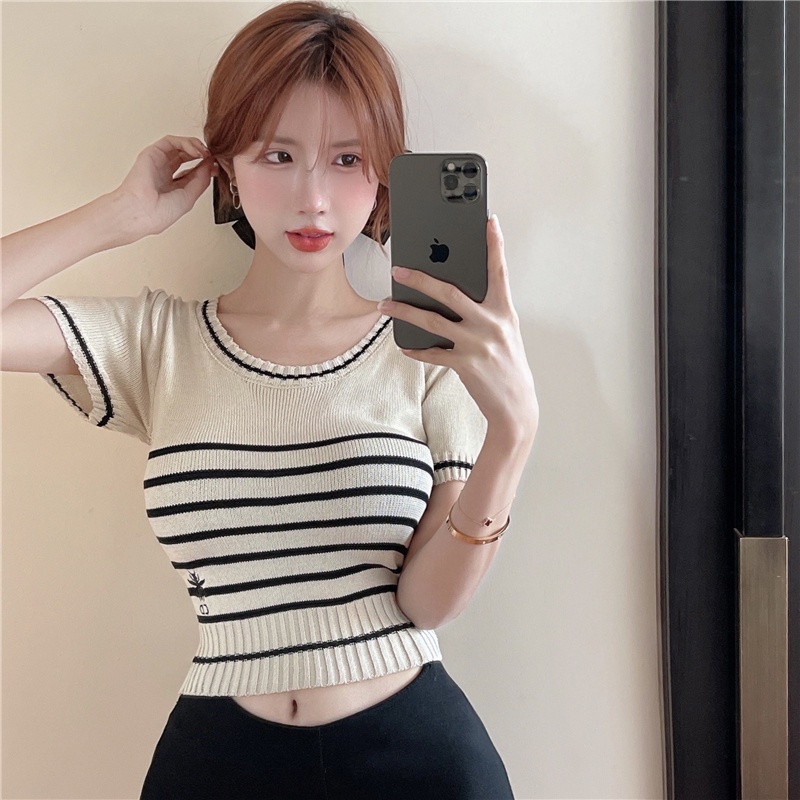 Áo croptop dệt kim ZHELIHANGFEI tay ngắn phồng họa tiết kẻ sọc thời trang quyến rũ cho nữ