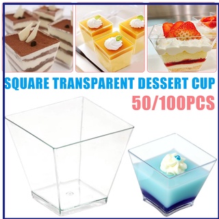 Set 50/100 cốc nhựa mini trong suốt 2oz hình vuông dùng đựng món tráng miệng