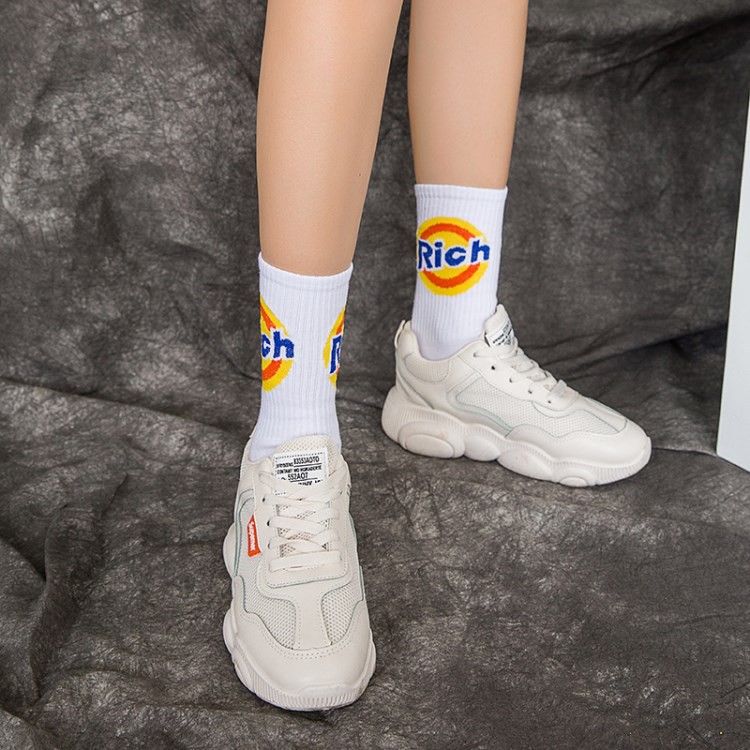 Vớ cao cổ unisex tất cao bắp chân trắng cam chữ Rich nam nữ NEKO