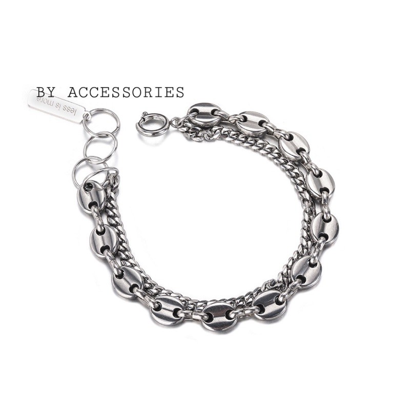 Lắc tay titan xích kép hạt dẹp tag less is more không gỉ