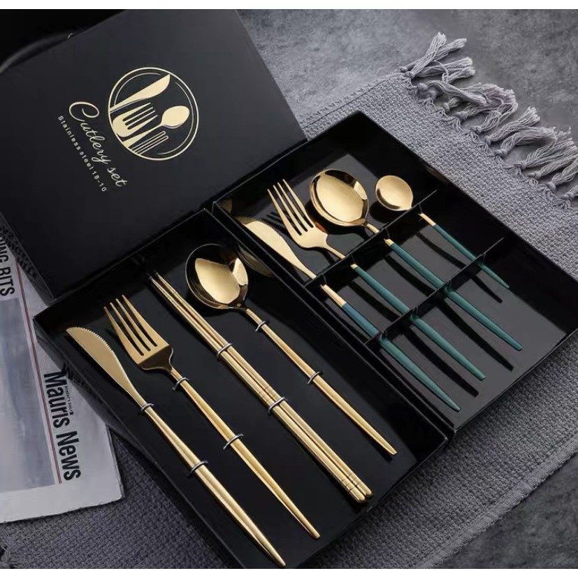 Bộ Thìa, Nĩa, Dao, Muỗng Inox Mạ Vàng Set 4 Sang chảnh