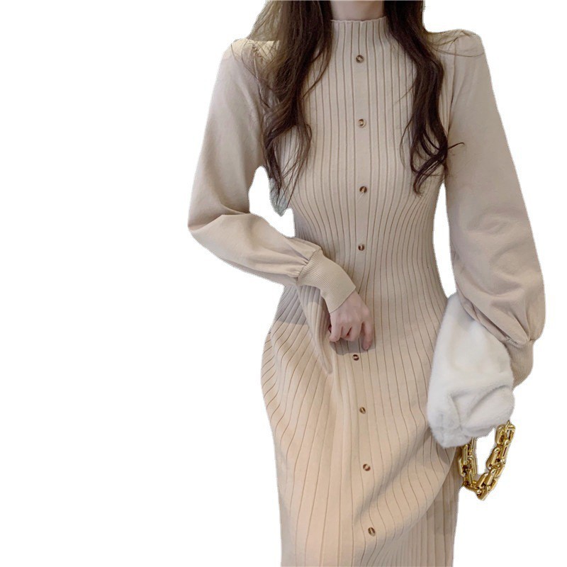 Váy lem  cổ cao 3 phân  mùa thu đông phiên bản Hàn Quốc ,váy len tay bồng nhẹ nhàng nữ tính