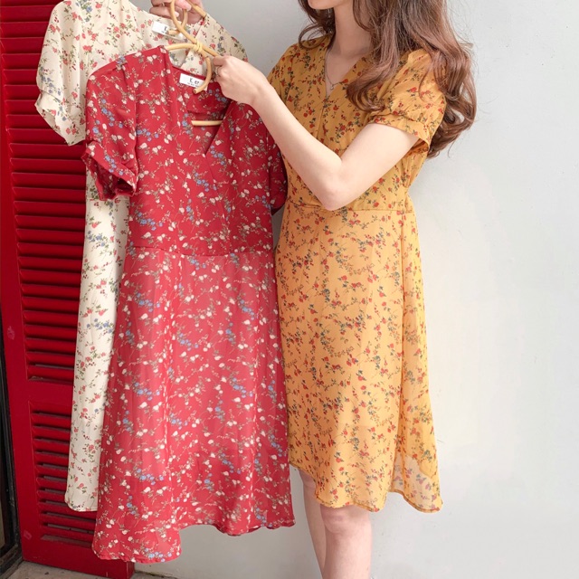 Váy hoa cổ v thắt nơ