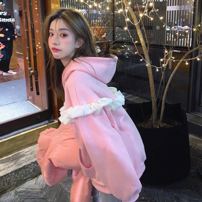 Áo hoodie mỏng dáng rộng thiết kế bèo ngọt ngào đáng yêu thời trang mùa xuân Hàn Quốc cho nữ