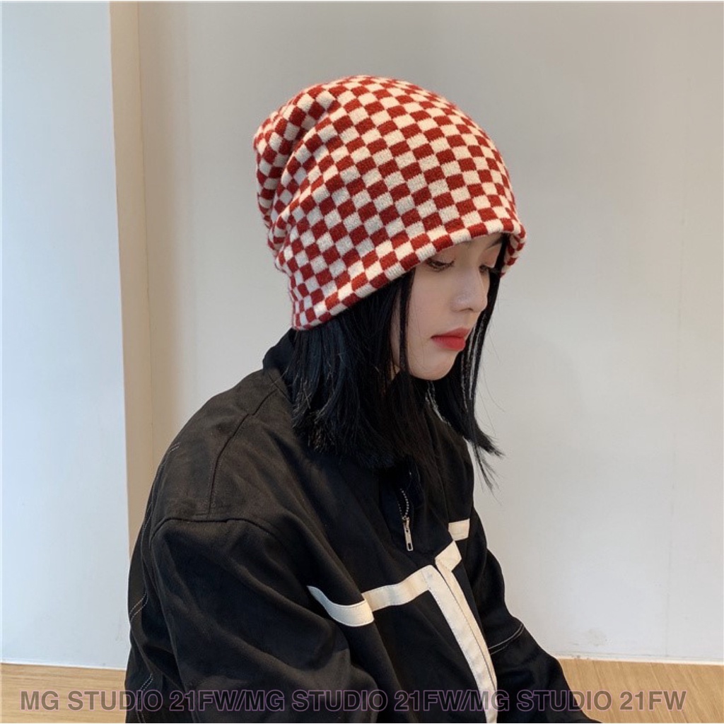Nón đan len MG STUDIO hoạ tiết kẻ ô cá tính 6 màu thời trang