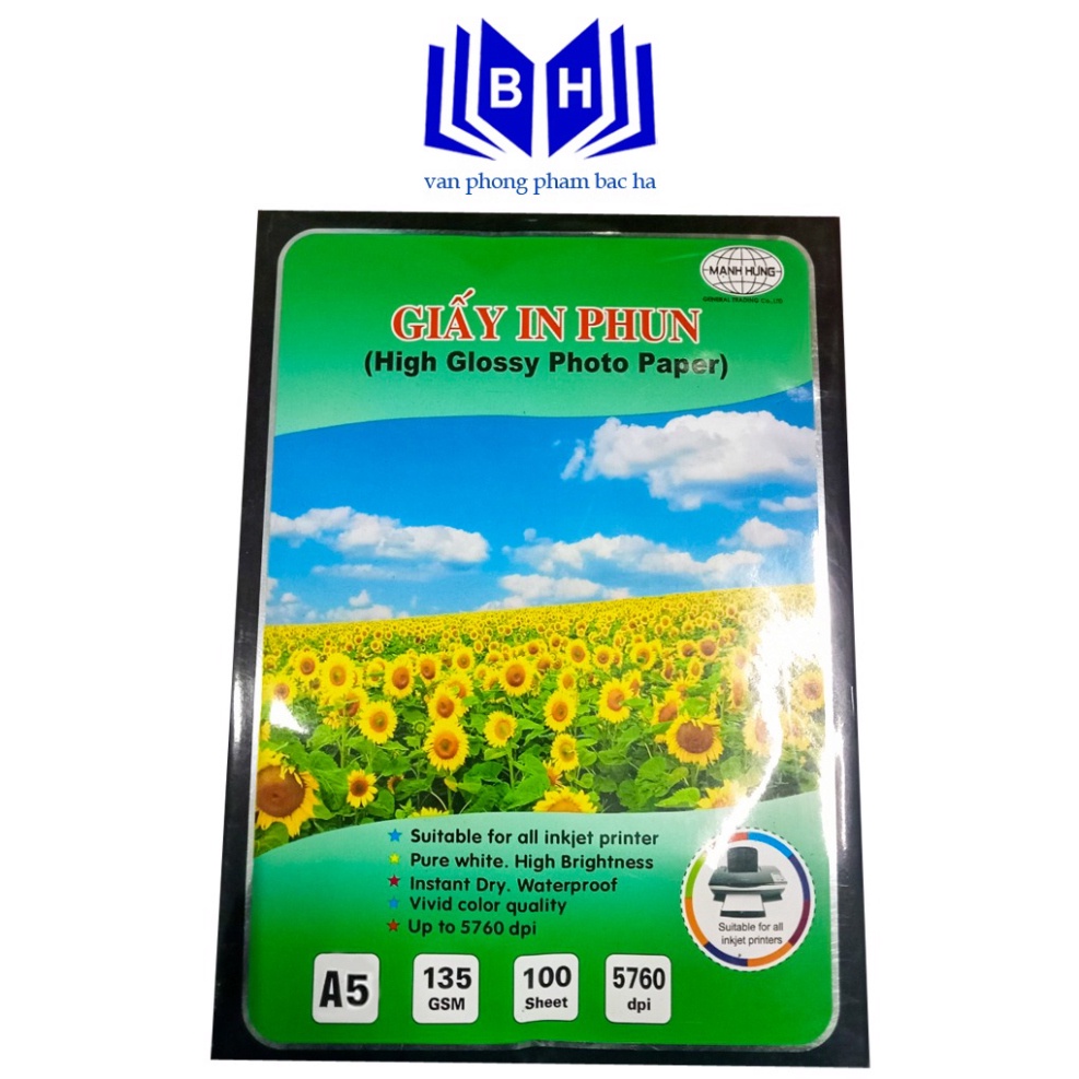 Giấy In Phun A3 - A4 Cao Cấp Mạnh Hưng ĐL 135 gsm,Bóng 1 Mặt