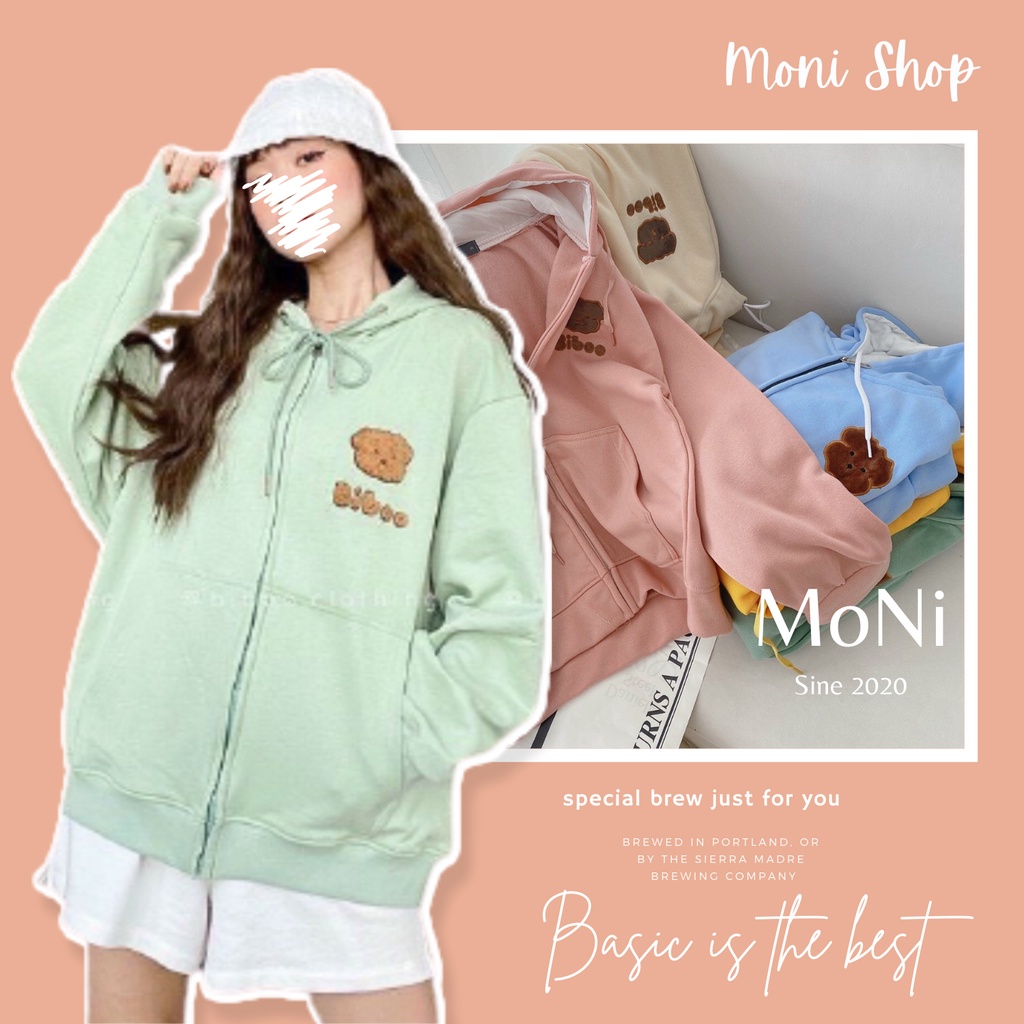 Áo khoác nỉ form rộng nữ khóa kéo có mũ thêu gấu có túi 2 bên 5 màu hồng, be, vàng, xanh mint, xanh dương
