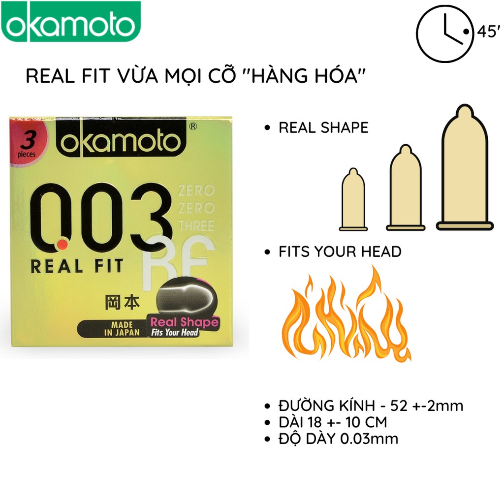 Bao cao su Okamoto 0.03 Real Fit 3 cái/hộp mỏng co rút ôm trọn kéo dài thời gian chống tuột