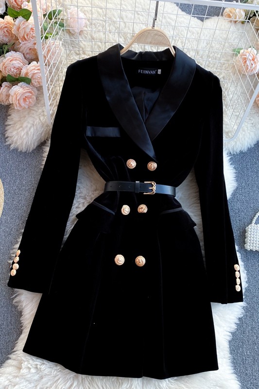 Đầm nhung cổ vest sang chảnh váy nhung có kèm belt