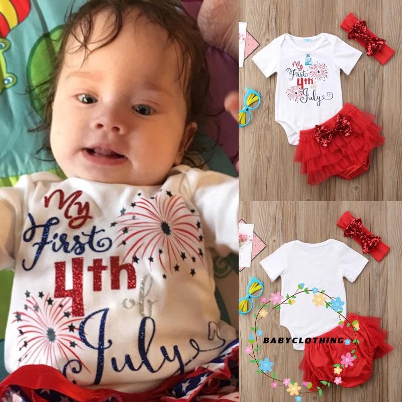 ღWSVღ2018 Hot fashion Baby Girls My First 4th of July Romper+Tutu Shorts+Headband 3Pcs Set Outfits