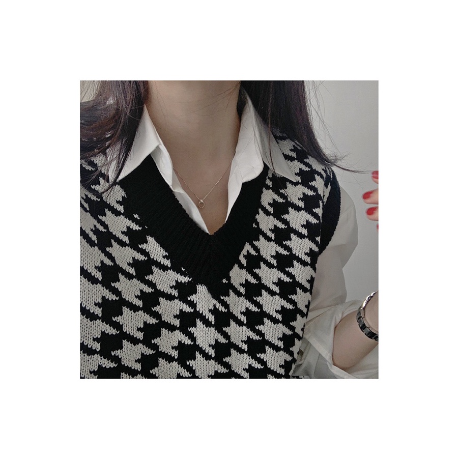 DUNEA Áo Len Không Tay Cổ Chữ V Họa Tiết Houndstooth Quyến Rũ Thời Trang Dành Cho Nữ