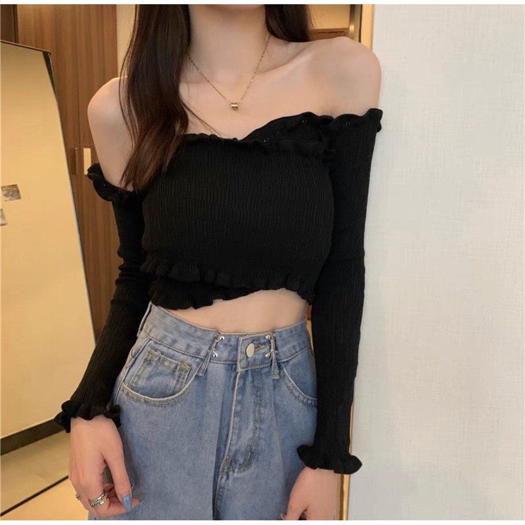 ÁO LEN CROPTOP THUN GÂN TRỄ VAI SIÊU NỮ TÍNH