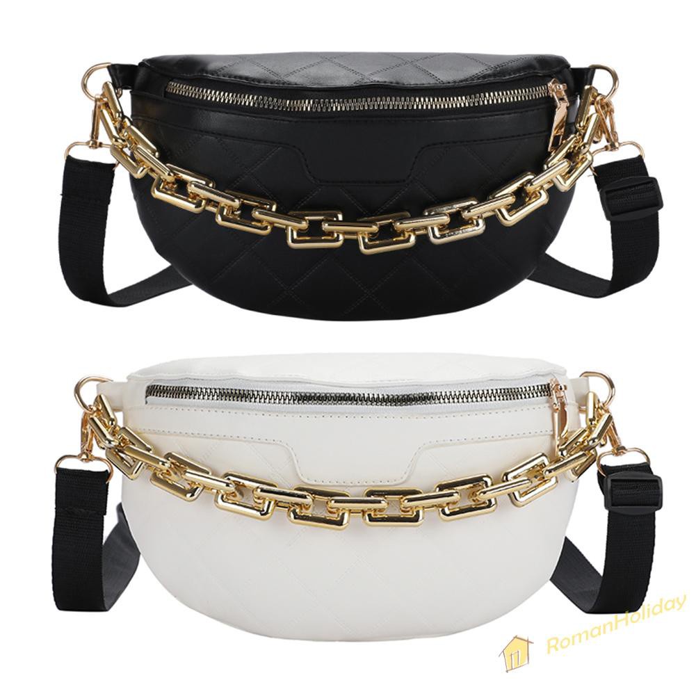 【On Sale】Vintage Women Pure Color PU Waist Chest Crossbody Bag Thick Chain Handbag