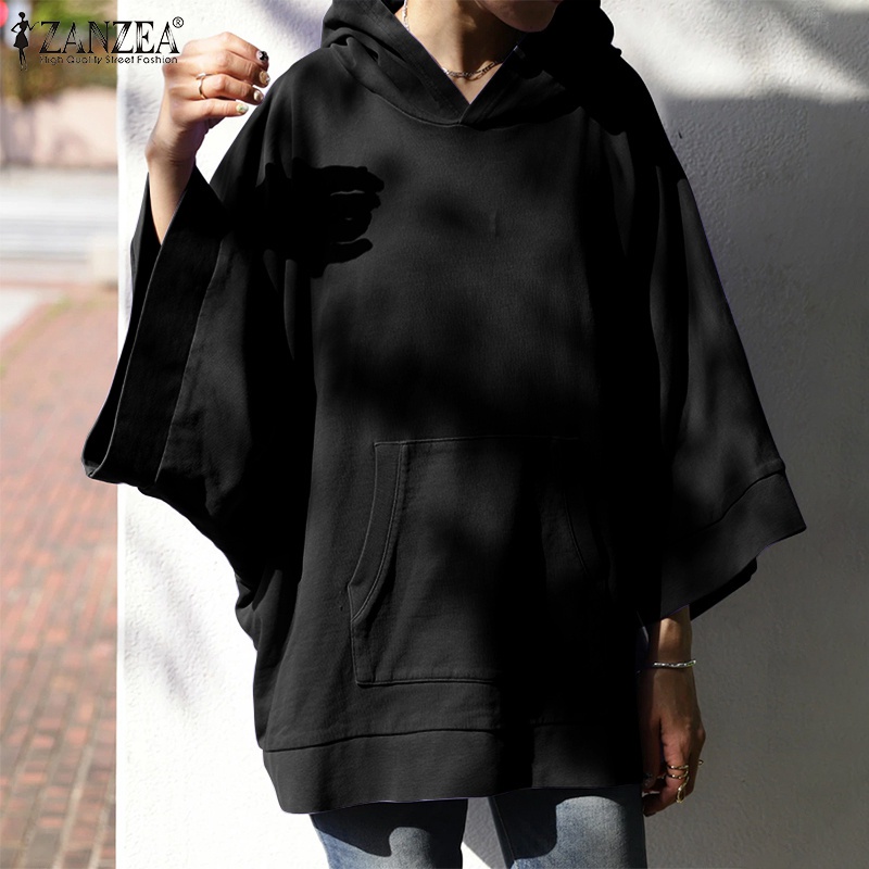 Áo hoodie ZANZEA màu trơn tay áo rộng phối túi mặt trước thời trang mùa đông cho nữ