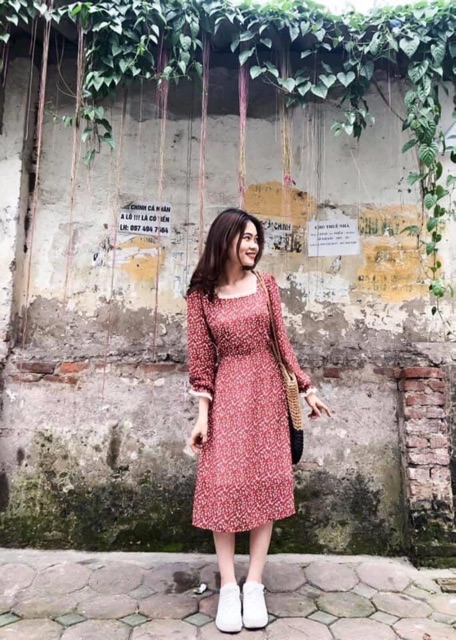 [Ảnh thật/Video] Váy hoa nhí 2 màu vintage - Đầm hoa nhí dài tay