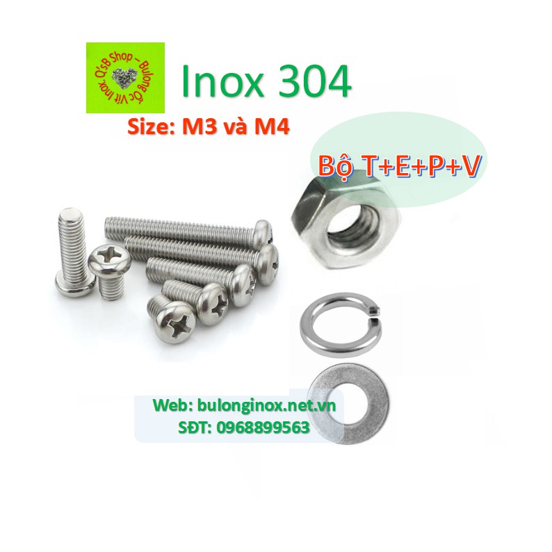 Vít pake đầu tròn inox size M3 và M4 (bộ T+ E+P+V), ốc 4 cạnh đầu  cầu, ốc vặn tua vít đầu tròn thân bulong, inox 304