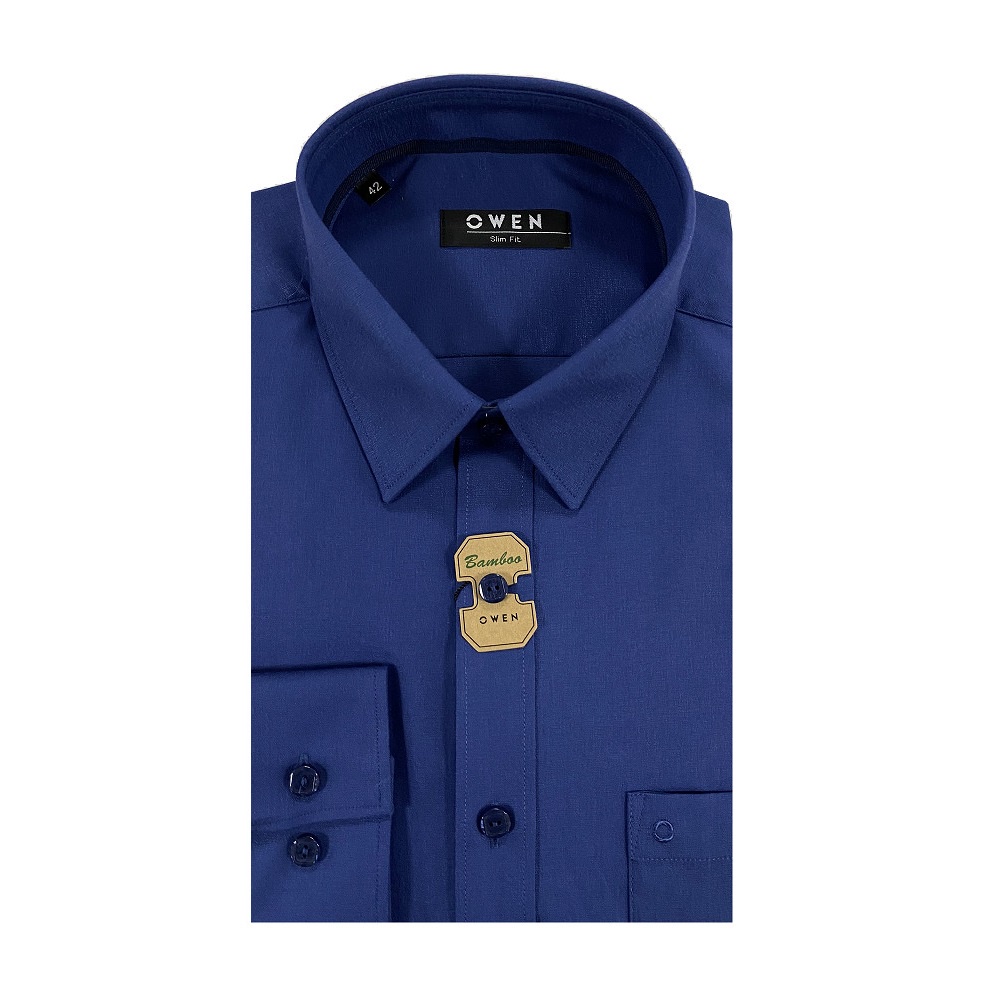 Áo Sơ Mi Nam Dài Tay OWEN AS23412D Somi Công Sở Cao Cấp Màu Xanh Than Trơn Dáng Ôm Tà Lượn Có Túi Vải Sợi Tre Mềm Mát