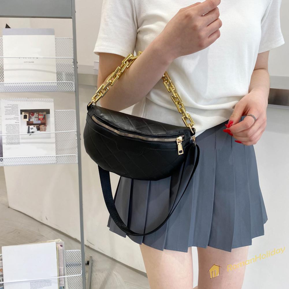 【On Sale】Vintage Women Pure Color PU Waist Chest Crossbody Bag Thick Chain Handbag