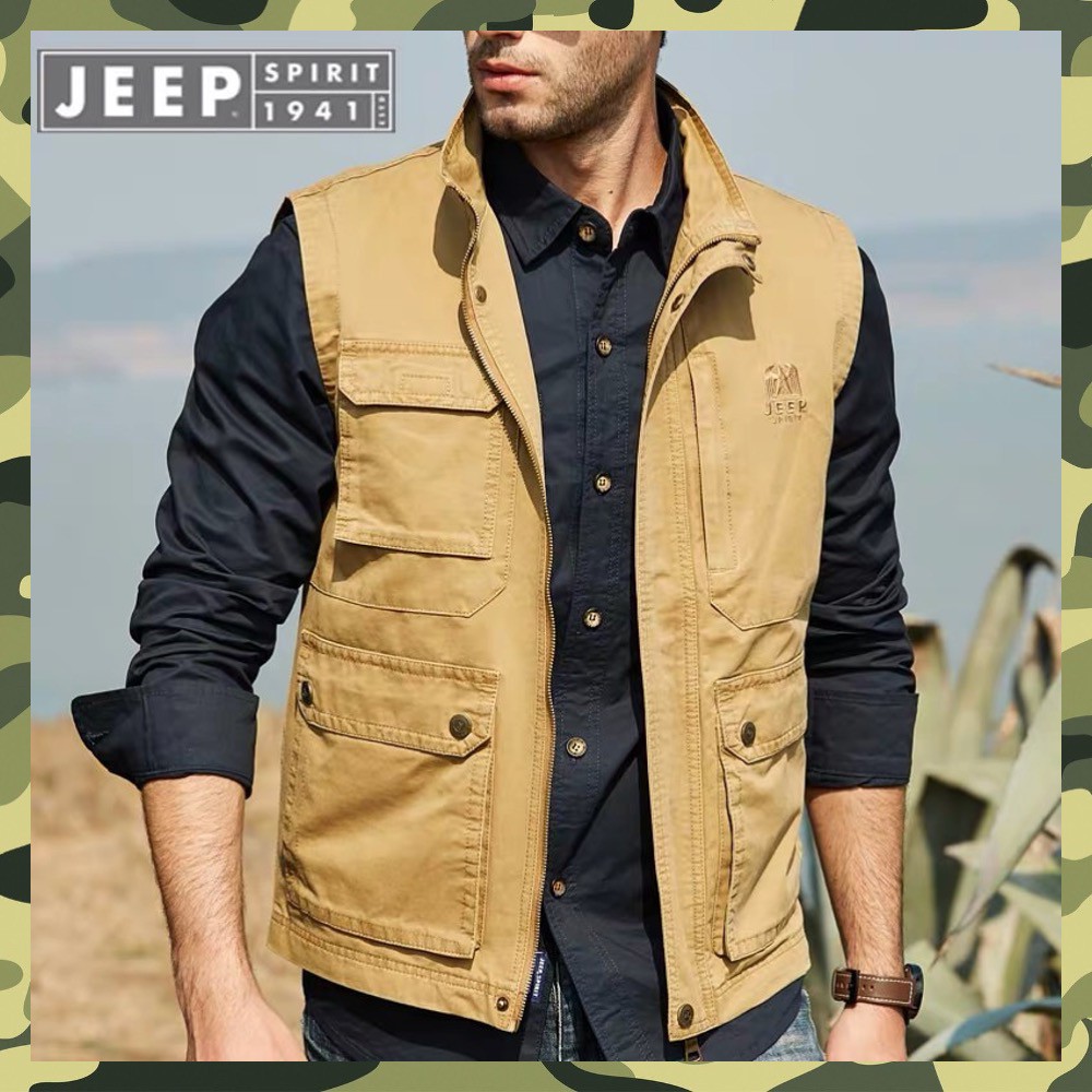 Sateen áo khoác ghi lê lính nam phong cách cổ điển mặc đi phượt, đi rừng, chạy mô tô chính hãng JEEP SPIRIT