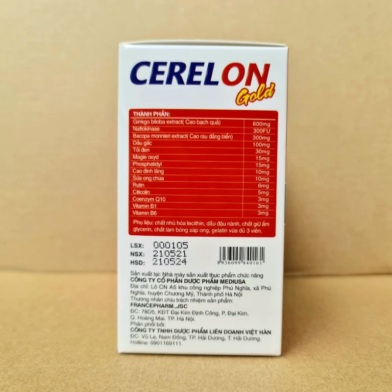 Cerelon gold Giúp bổ sung dưỡng chất cho não hiệu quả viên uống hoạt huyết dưỡng, giảm đau đầu, chóng mặt não 100 viên
