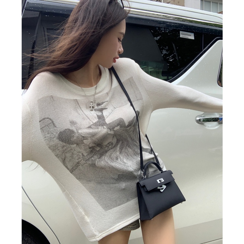 Áo Thun Dệt Kim Tay Dài Dáng Rộng In Họa Tiết Thời Trang Cho Nữ