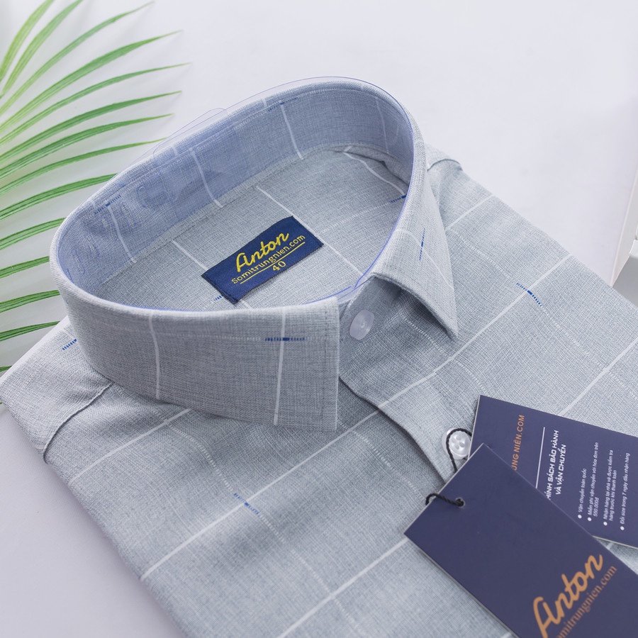 Áo Sơ Mi Nam Công Sở Trung Niên Anton Somianton Màu Xám Dài Tay Vải Sợi Tre Họa Tiết Sọc Kẻ In Chìm – 8551