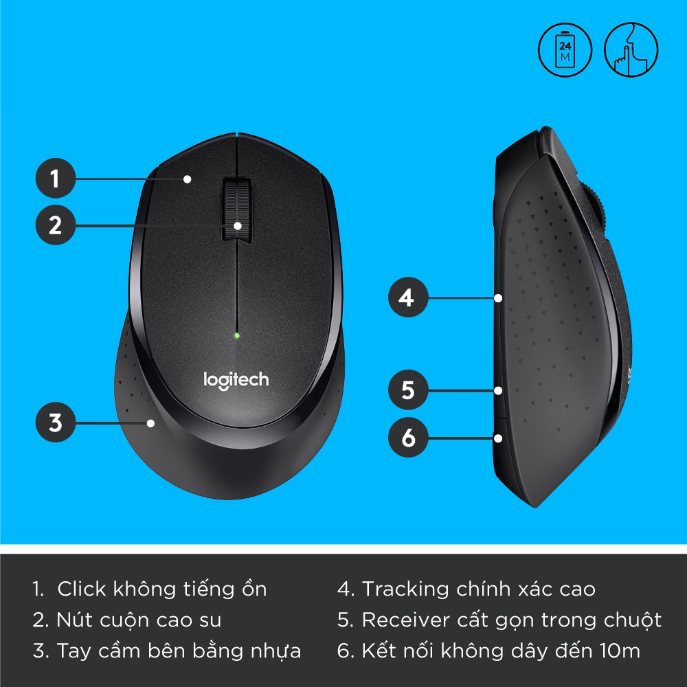 [Mã ELLOGIWL5 giảm 10% đơn 500K] Chuột không dây Logitech M330 Silent Plus - Giảm ồn, USB, thuận tay phải, PC/ Laptop