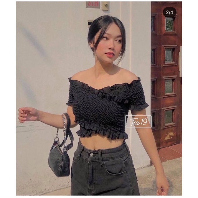 Áo croptop nhún đắp chéo. Áo trễ vai body ( Ảnh thật Tia19 chụp)