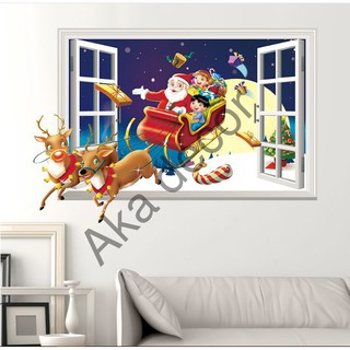 Decal trang trí Noel - Cửa Sổ Tuần Lộc kéo Xe Ông già Noel phát quà 02